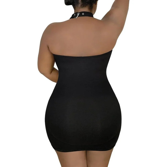 Women Cotton Overall Black Vampy  Collared Bodycon Mini Dress Skirt - Picture 6 of 7